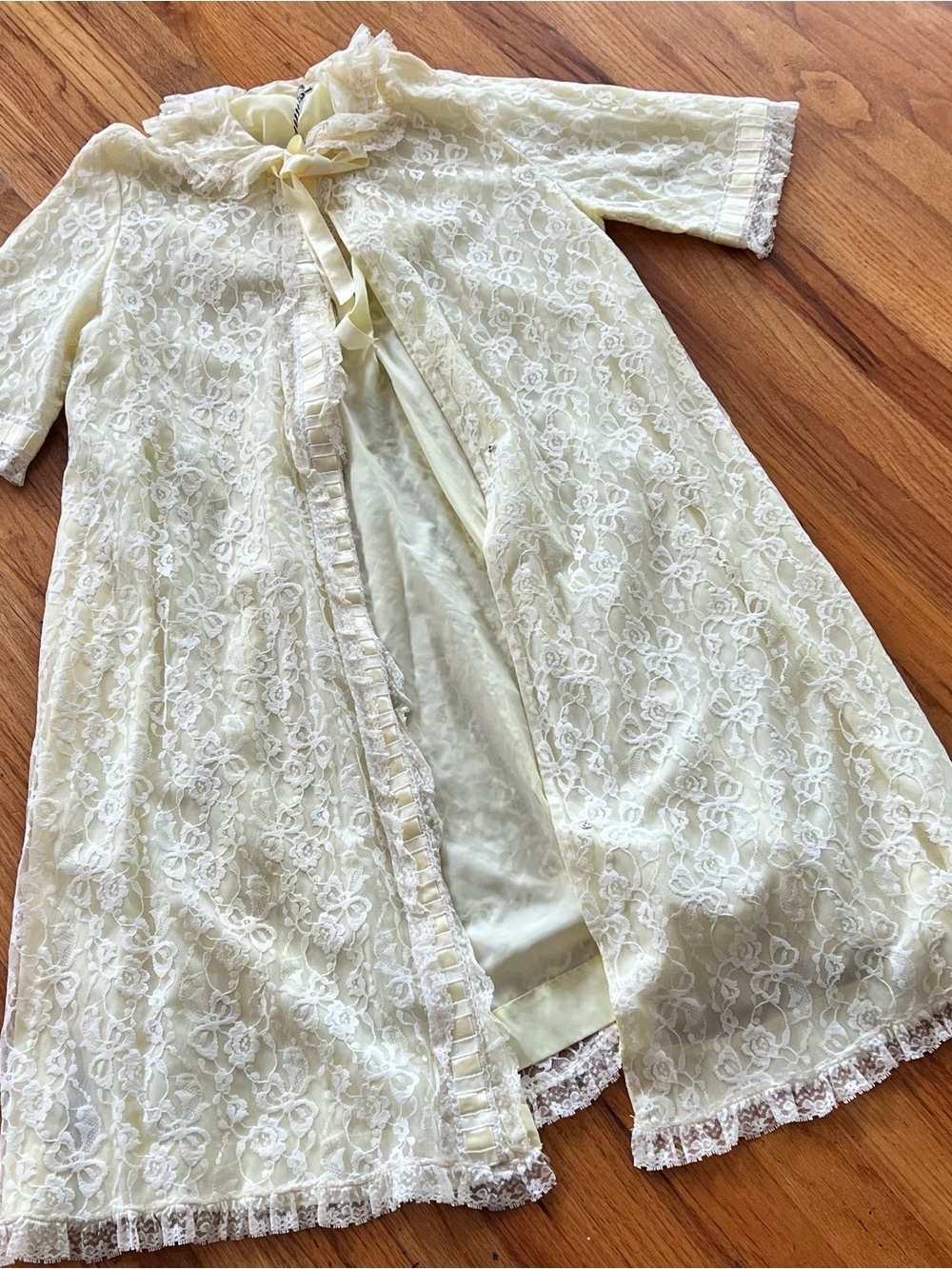 Vintage Yellow Lace Robe with Ribbon Tie